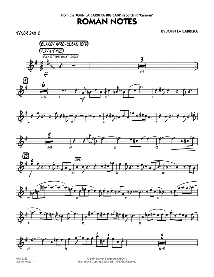 Roman Notes - Tenor Sax 2 Tenor Saxophone scores gallery preview page 1