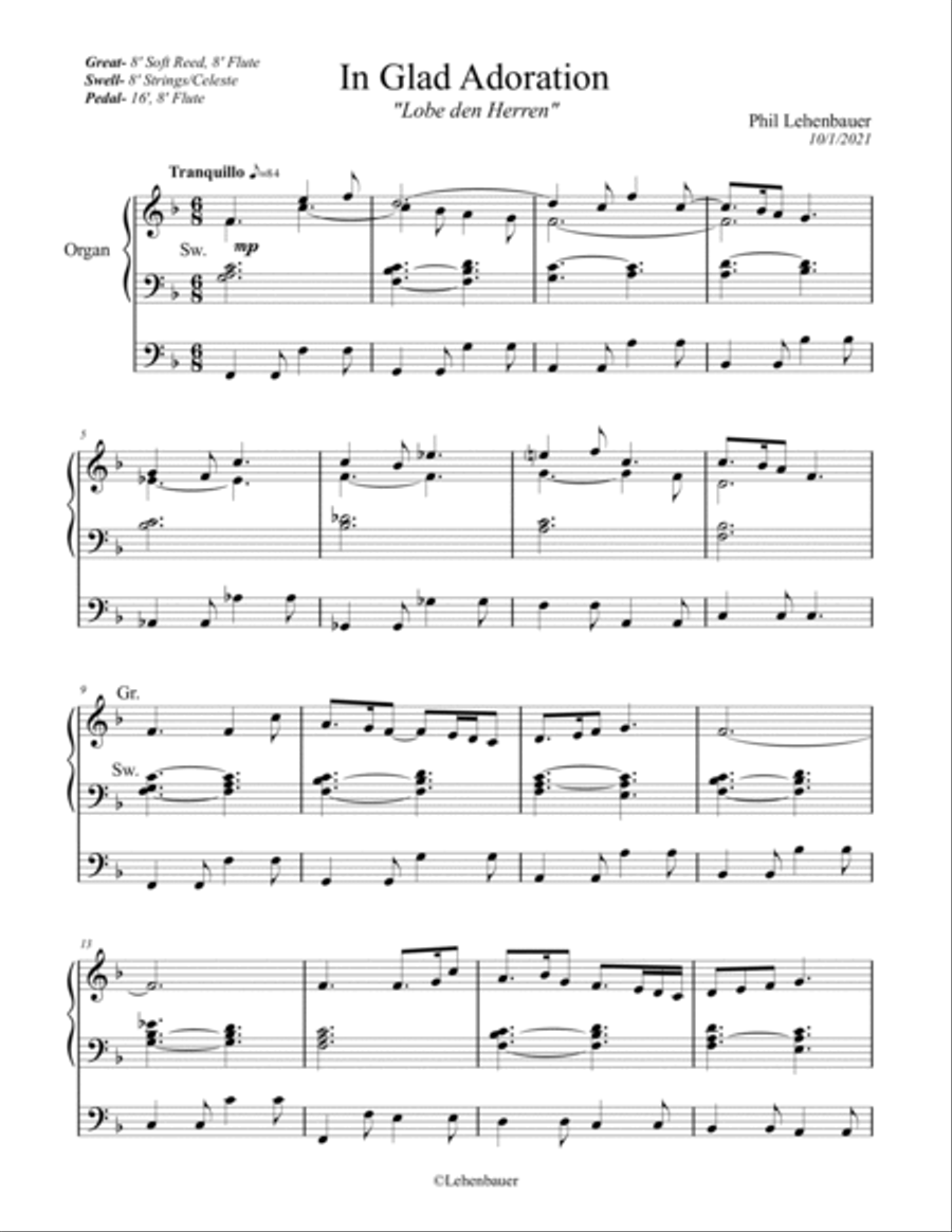 In Glad Adoration (Lobe den Herren), organ work by Phil Lehenbauer Organ Solo scores gallery preview page 2
