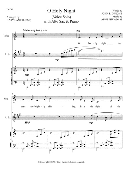 O HOLY NIGHT (Voice Solo with Alto Sax & Piano - Score & Parts included) image number null