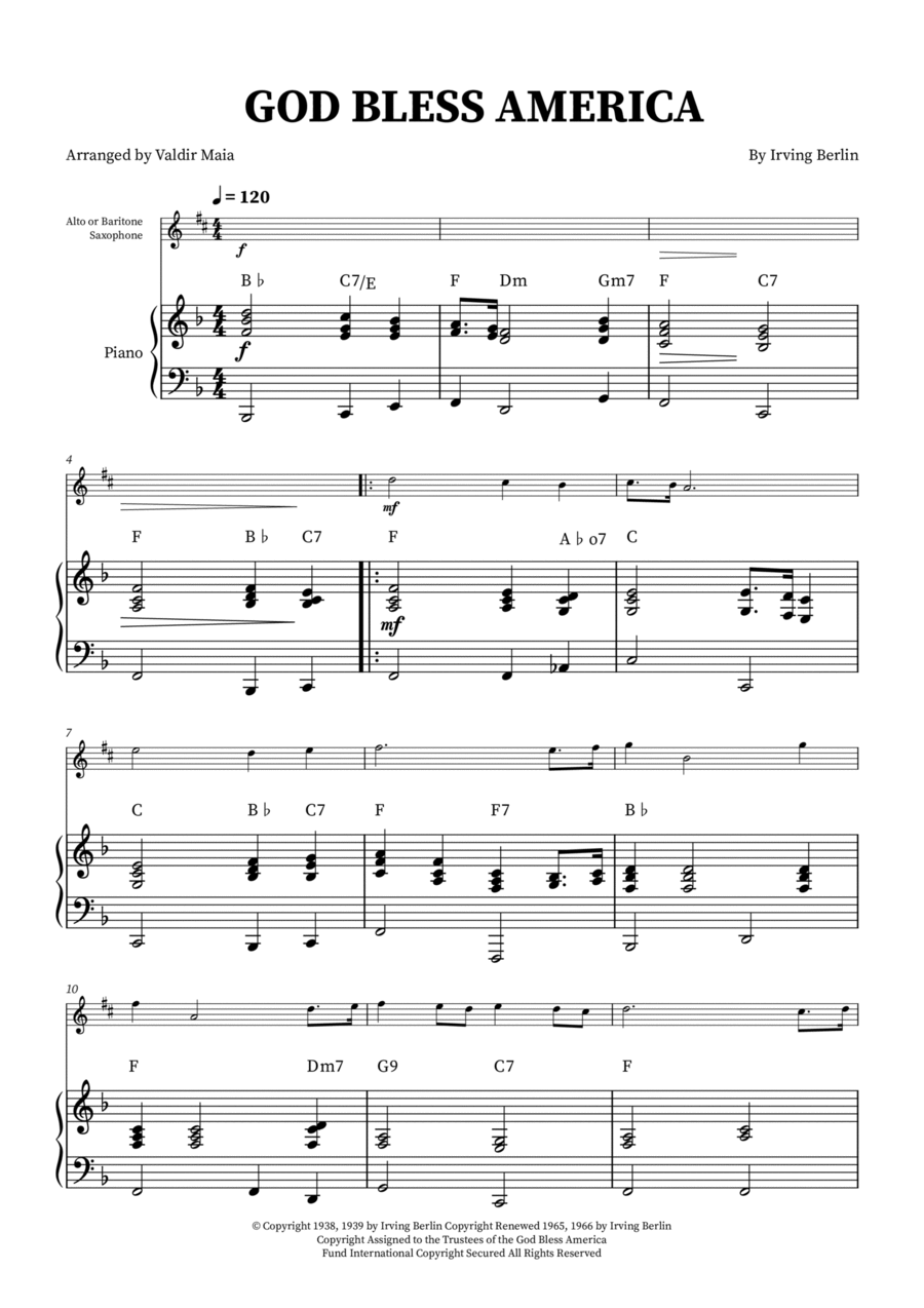 God Bless America ® Baritone Saxophone scores gallery preview page 1