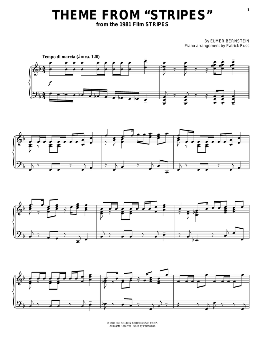 Theme from Stripes Piano Solo scores gallery preview page 1