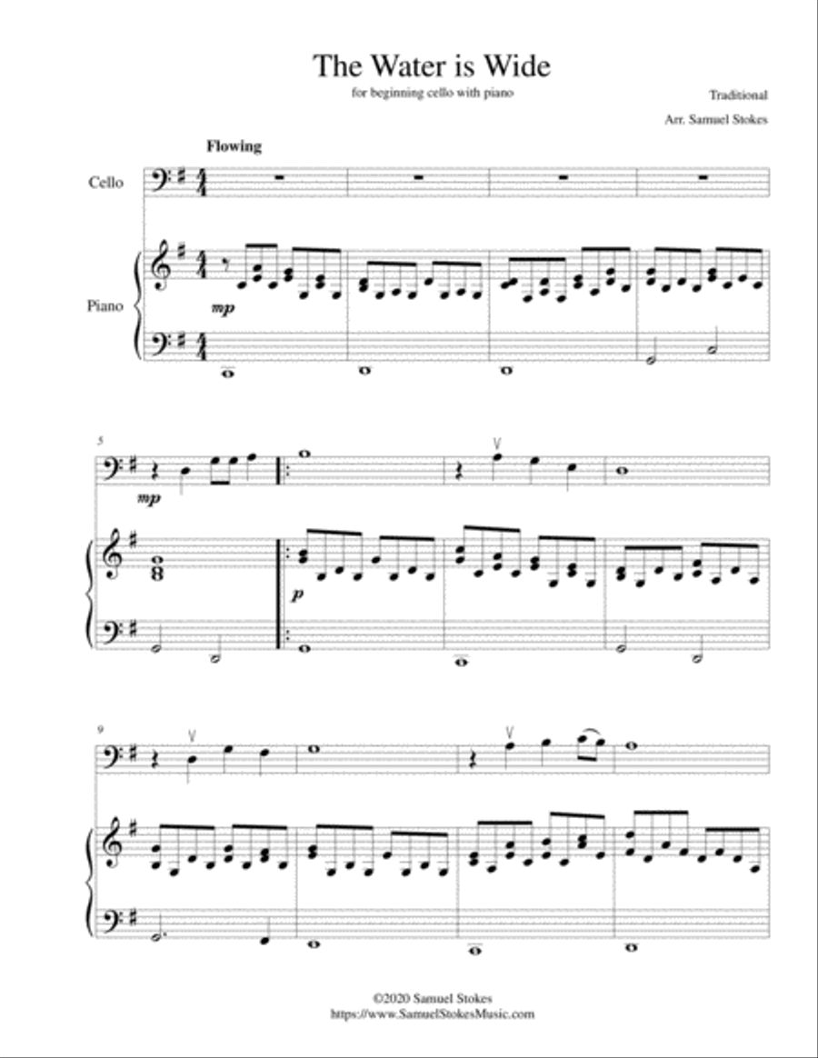 The Water is Wide - for beginning cello with optional piano accompaniment Piano scores gallery preview page 1