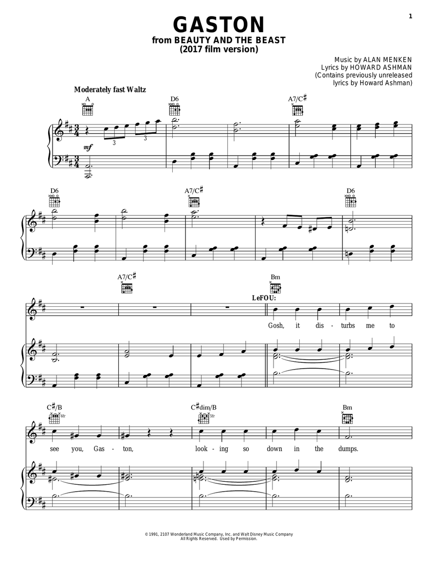 Gaston (from Beauty And The Beast) (2017) Piano, Vocal, Guitar scores gallery preview page 1