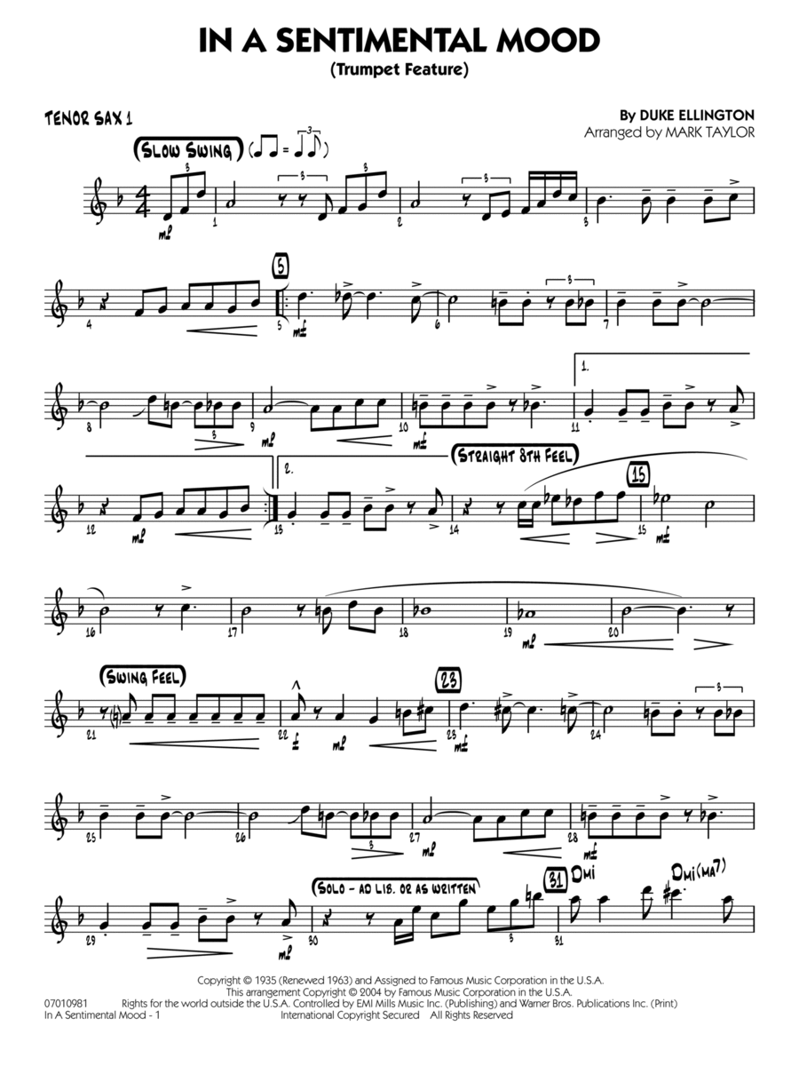 In a Sentimental Mood (arr. Mark Taylor) - Tenor Sax 1 Jazz Ensemble scores gallery preview page 1