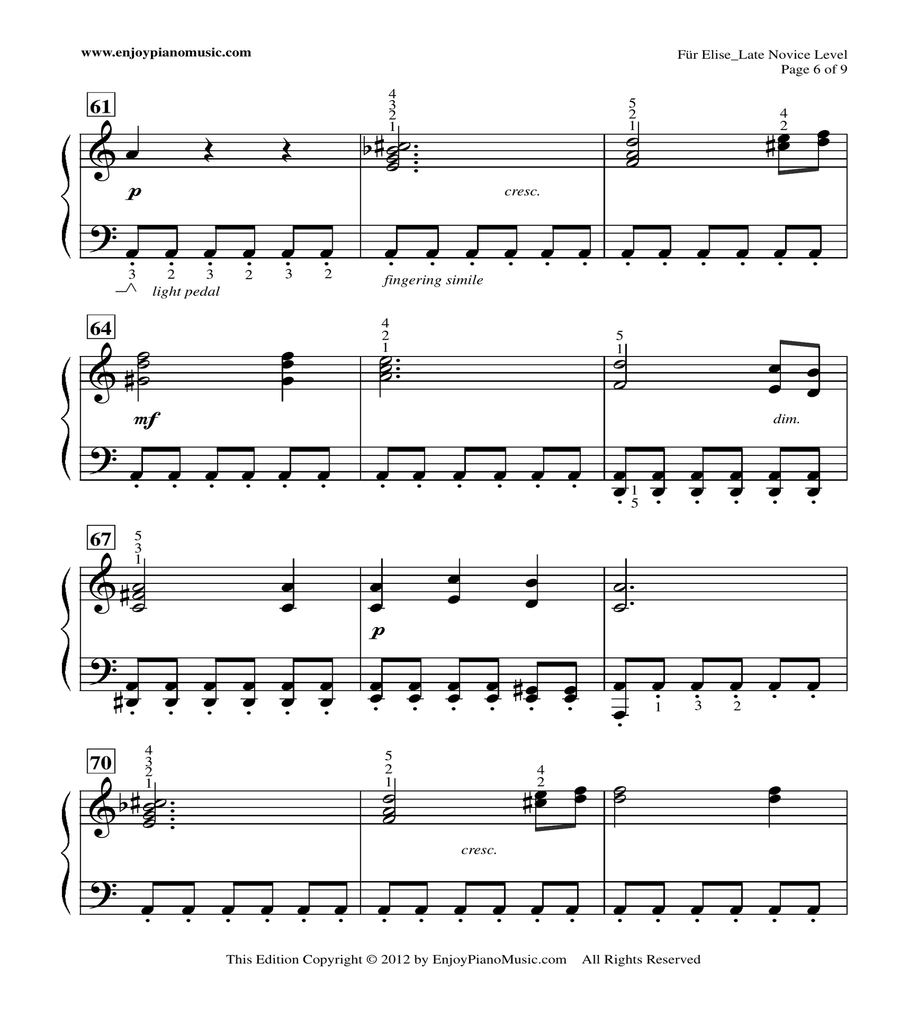 Fur Elise--original piano solo re-written in 3/4 time signature Piano Method scores gallery preview page 6