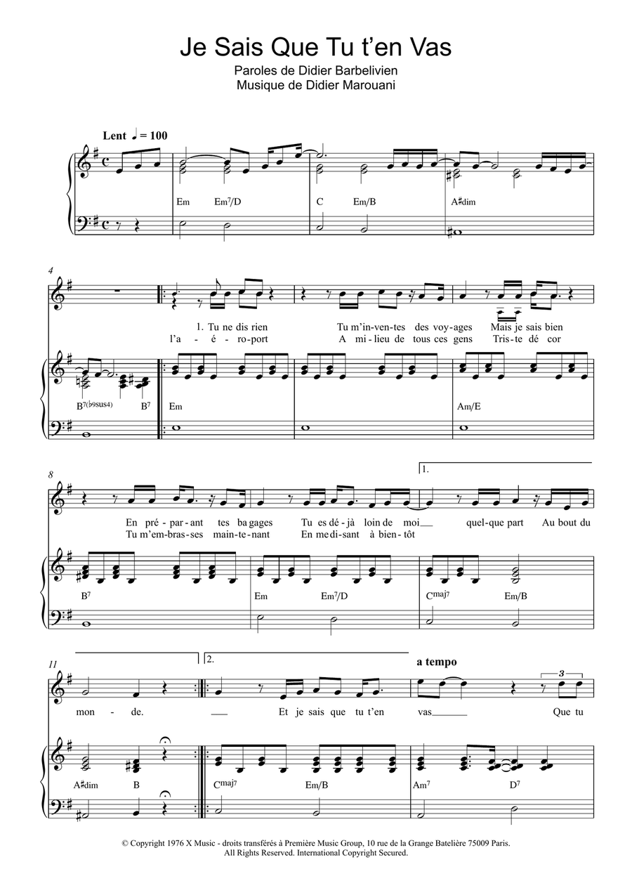 Je Sais Que Tu T'en Vas Piano, Vocal scores gallery preview page 1