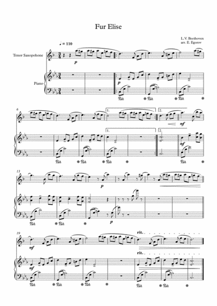 Fur Elise, Ludwig Van Beethoven, For Tenor Saxophone & Piano image number null