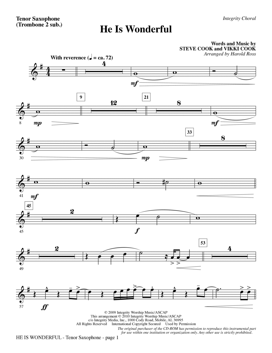 Book cover for He Is Wonderful - Tenor Sax (Trombone 2 sub.)
