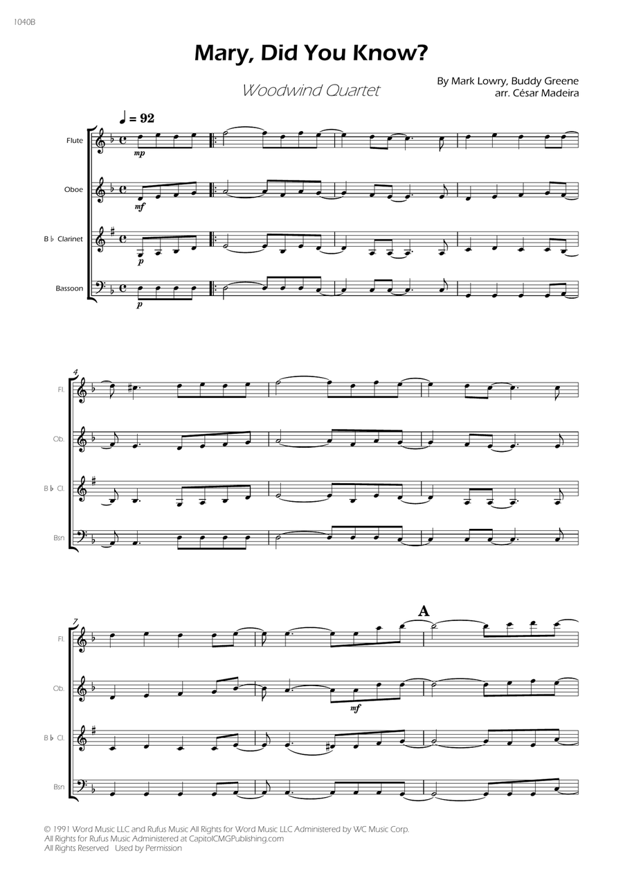 Mary, Did You Know? - Score Only Woodwind Quartet scores gallery preview page 1