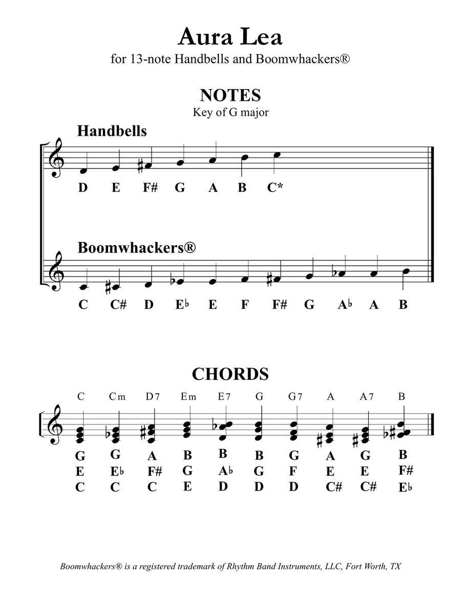 Aura Lea (for 13-note Bells and Boomwhackers with Black and White Notes) Handbell Choir scores gallery preview page 3