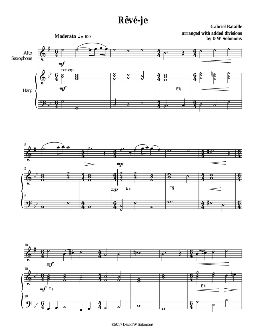 Rêvé-je (Am I dreaming) for alto saxophone and harp Alto Saxophone scores gallery preview page 1