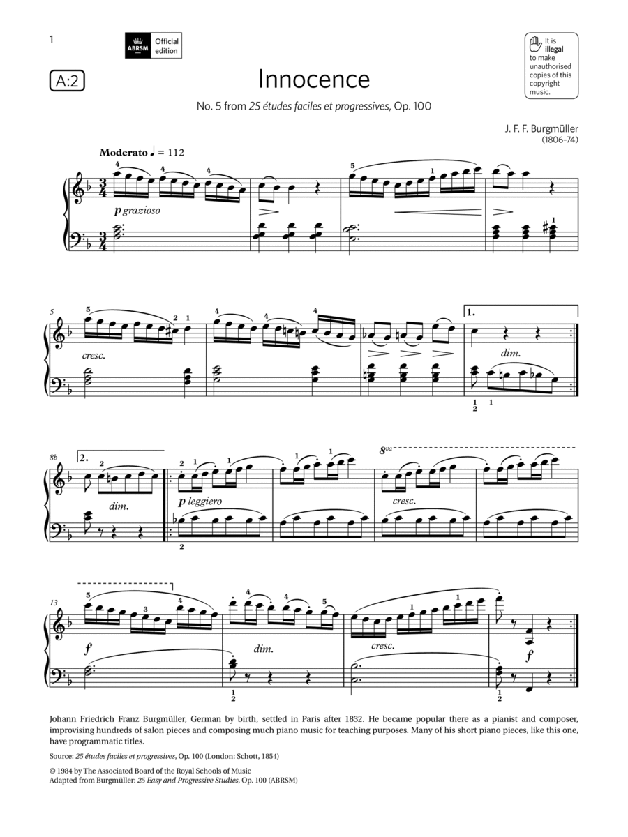 Innocence (Grade 3, list A2, from the ABRSM Piano Syllabus 2021 & 2022) Piano Method scores gallery preview page 1