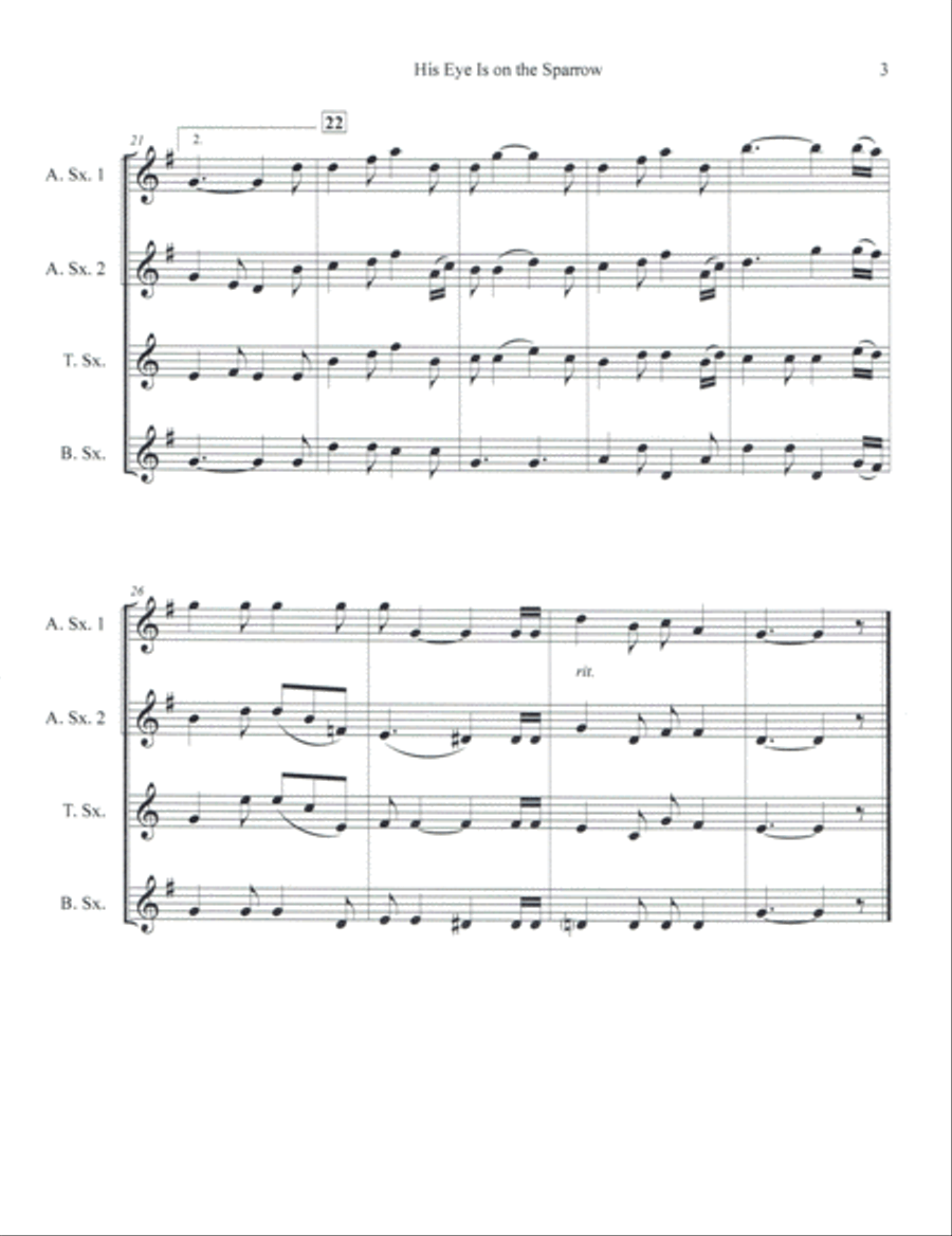 His Eye Is on the Sparrow for Saxophone Quartet Saxophone Quartet scores gallery preview page 4