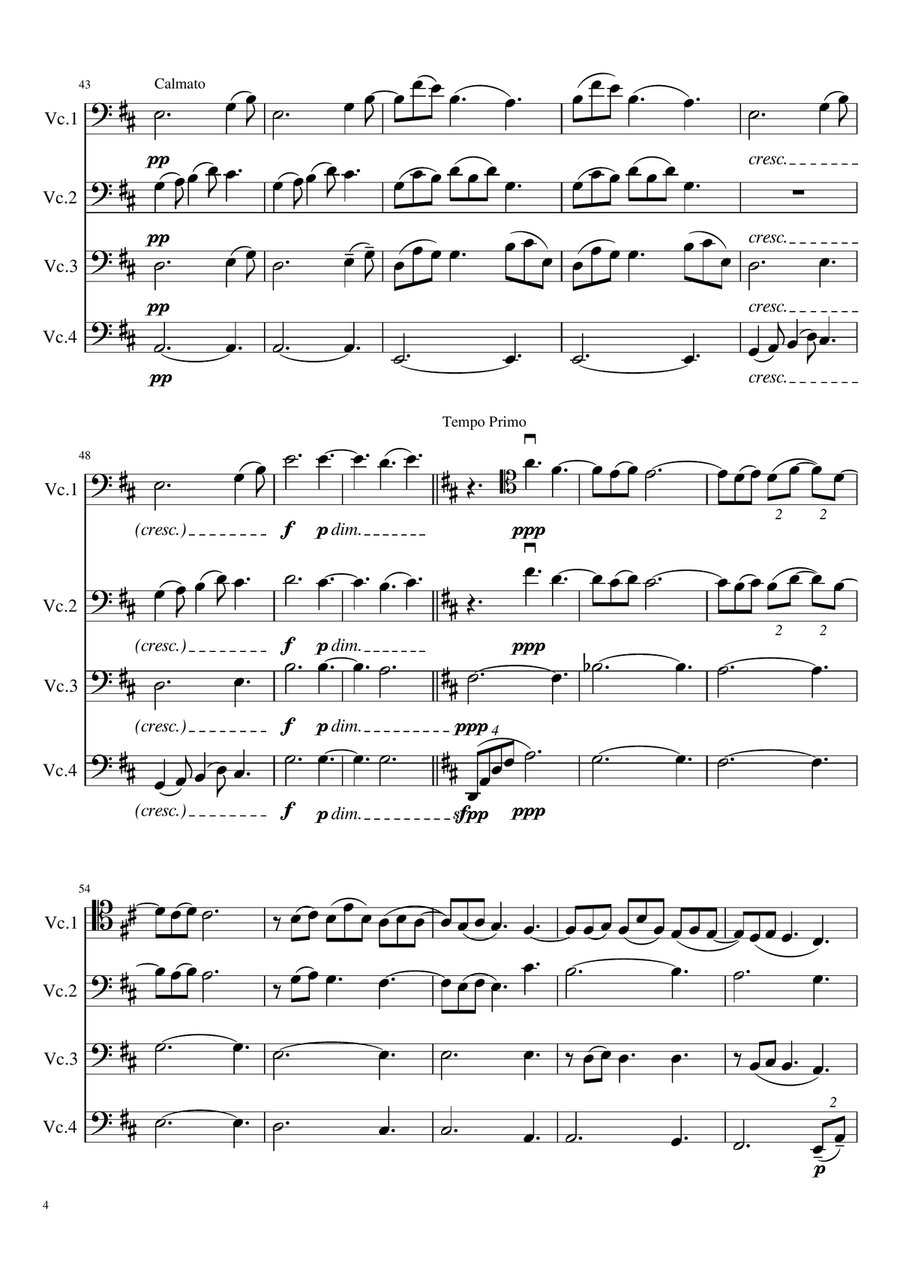 Clair de Lune by Claude Debussy for 'cello quartet Cello Solo scores gallery preview page 4