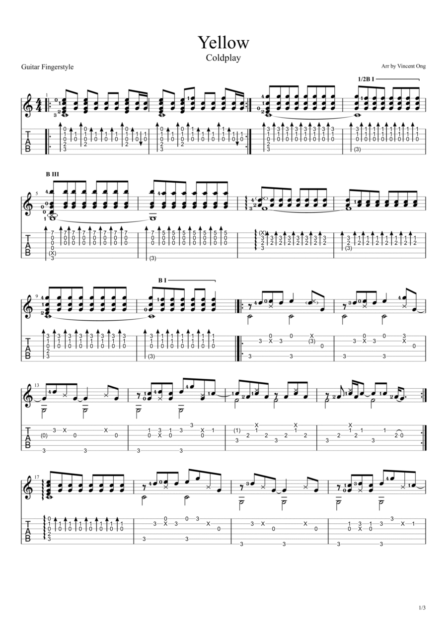 Yellow Yellow Guitar Tablature scores gallery preview page 1