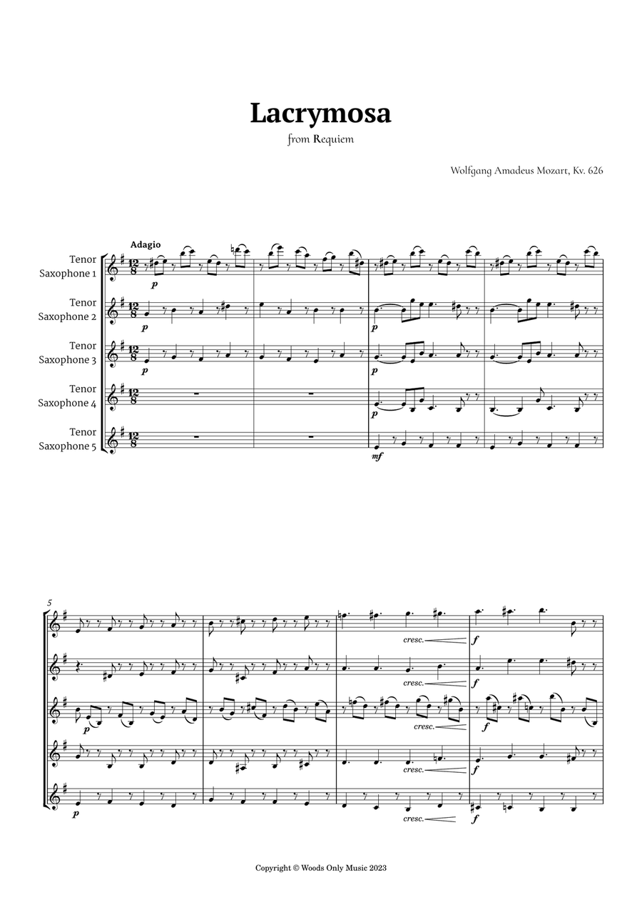 Queen of the Night Aria by Mozart for Tenor Sax Quintet Saxophone Quintet scores gallery preview page 1