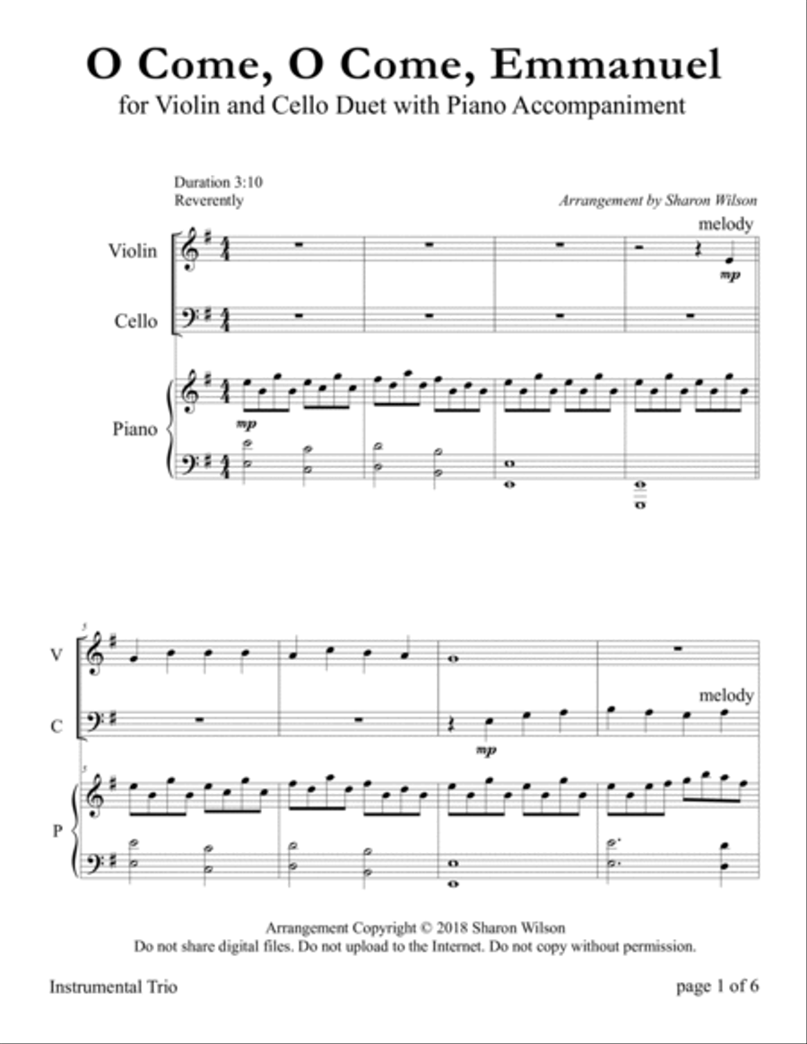 O Come, O Come, Emmanuel (for Violin and Cello Duet with Piano accompaniment) Piano Trio scores gallery preview page 5