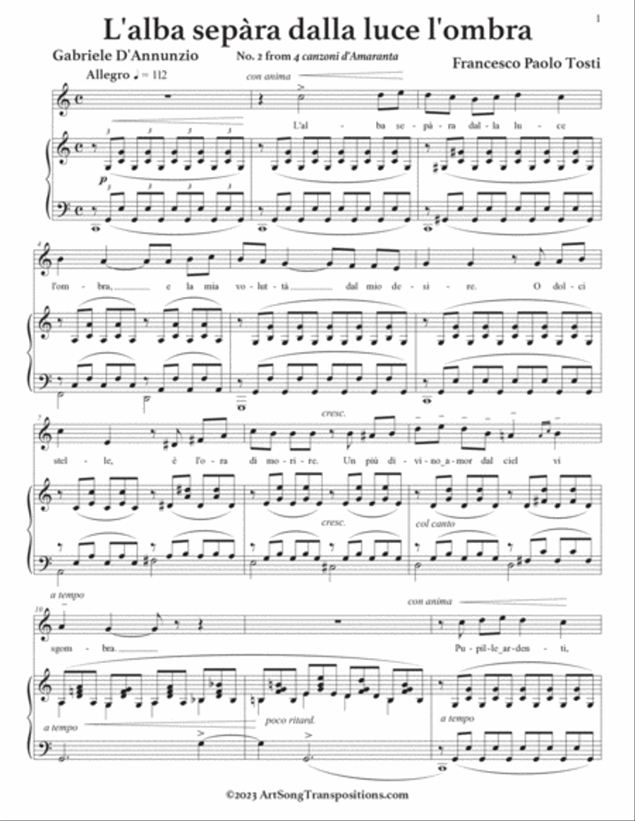 TOSTI: L'alba sepàra dalla luce l'ombra (transposed to C major) Voice scores gallery preview page 2