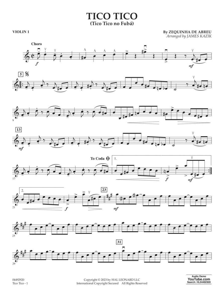 Tico Tico (Tico Tico No Fubá) (arr. James Kazik) - Violin 1