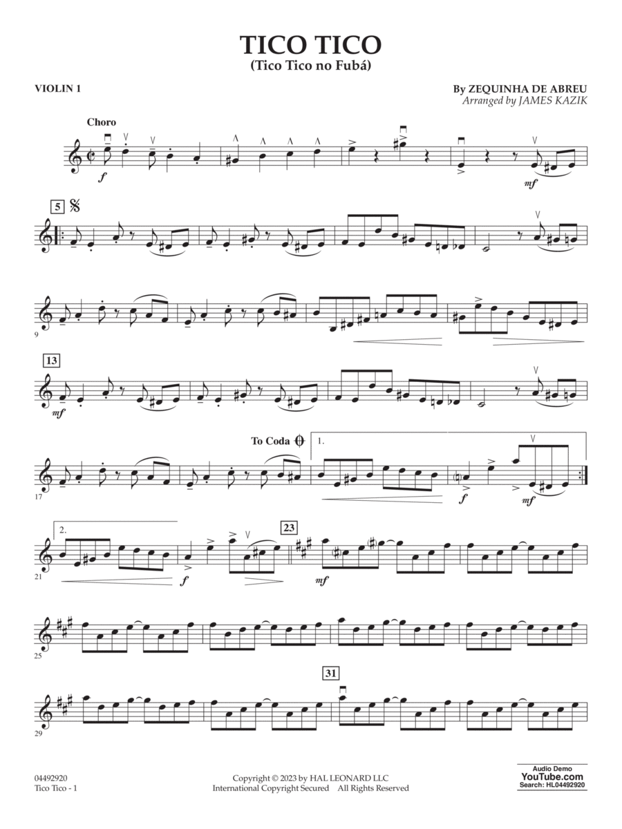 Tico Tico (Tico Tico No Fubá) (arr. James Kazik) - Violin 1 String Orchestra scores gallery preview page 1