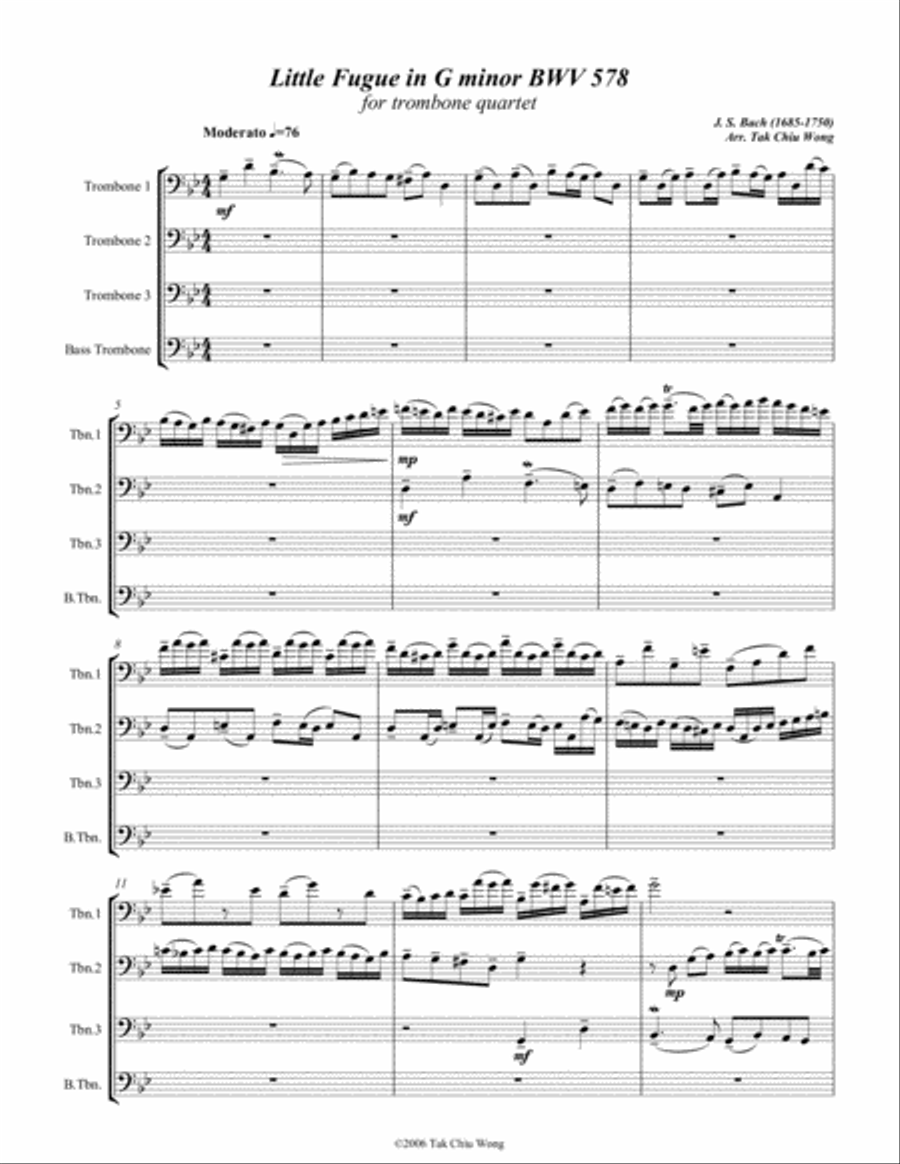 Little Fugue in G minor arranged for Trombone Quartet Trombone Quartet scores gallery preview page 2