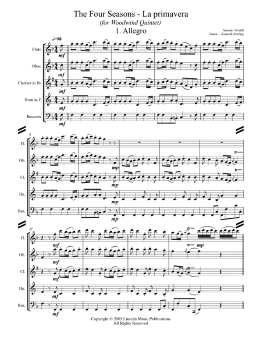 The Four Seasons - La Primavera (for Woodwind Quintet) Woodwind Quintet scores gallery preview page 2