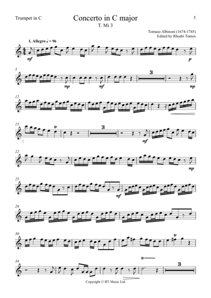 Albinoni - Concerto in C major T.Mi 3. Solo trumpets piccolo trumpet sheet music