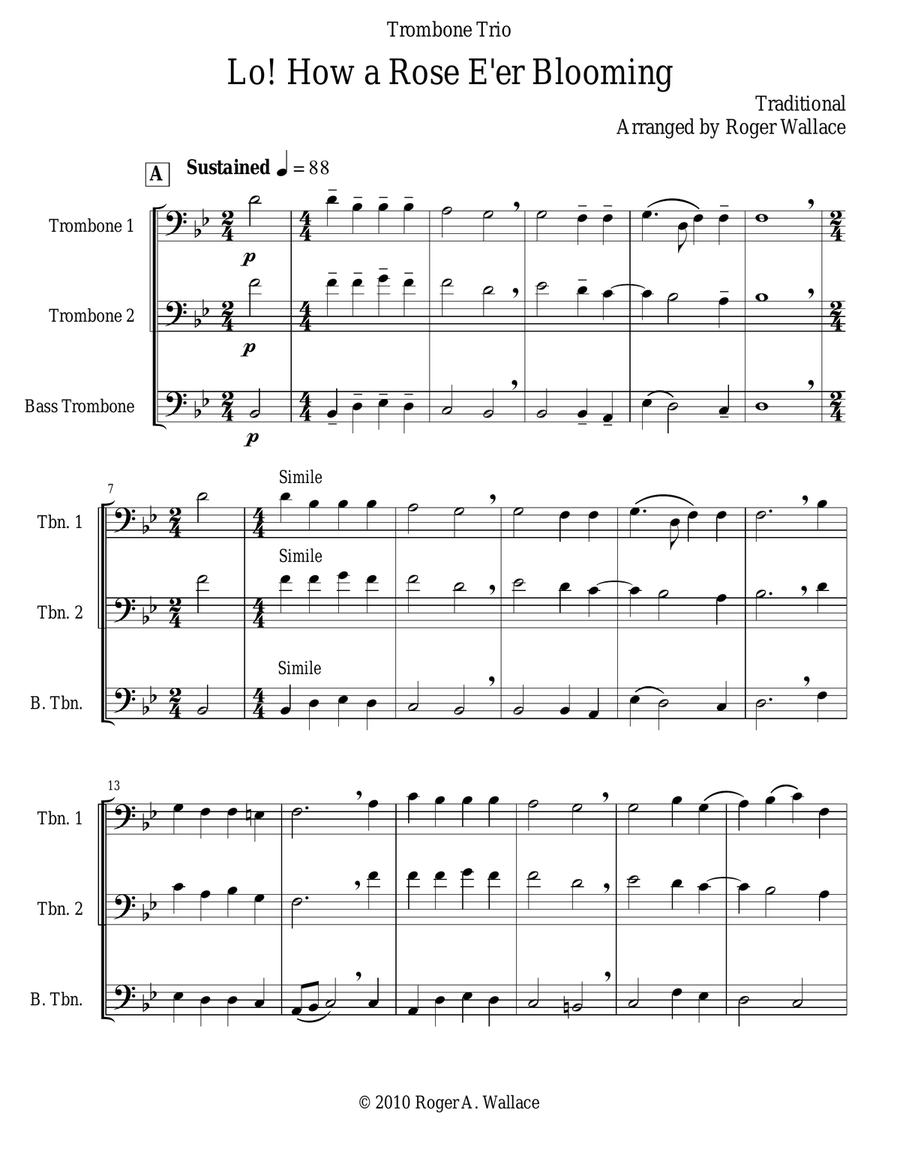Lo! How a Rose E'er Blooming (Trombone Trio) Trombone Trio scores gallery preview page 1