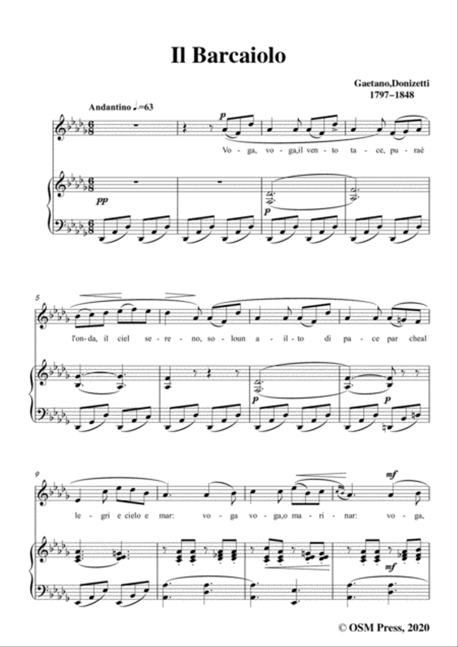 Donizetti-Il Barcaiolo,in D flat Major,for Voice and Piano Voice Solo scores gallery preview page 3