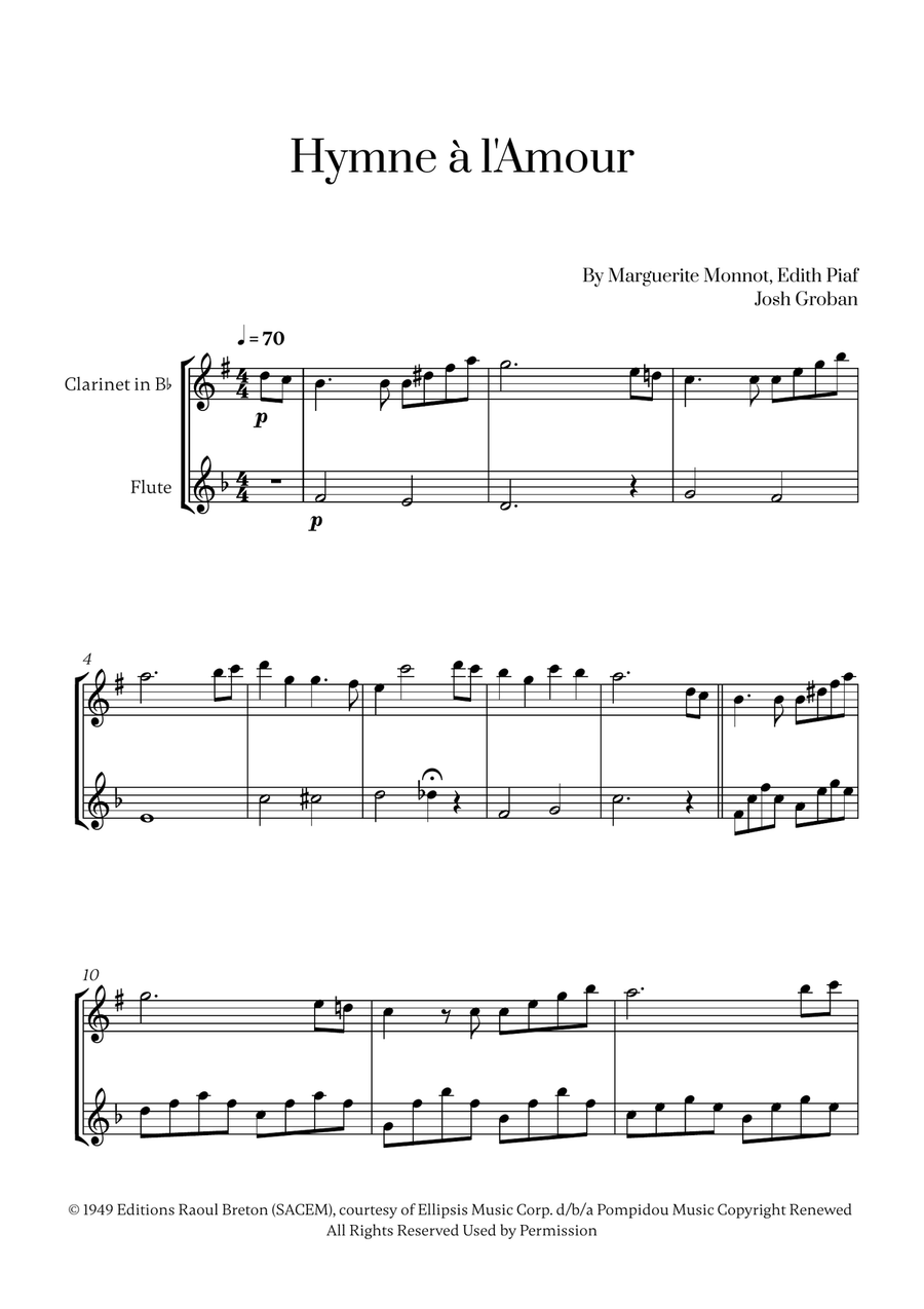 Hymne A L'amour Woodwind Duet scores gallery preview page 1