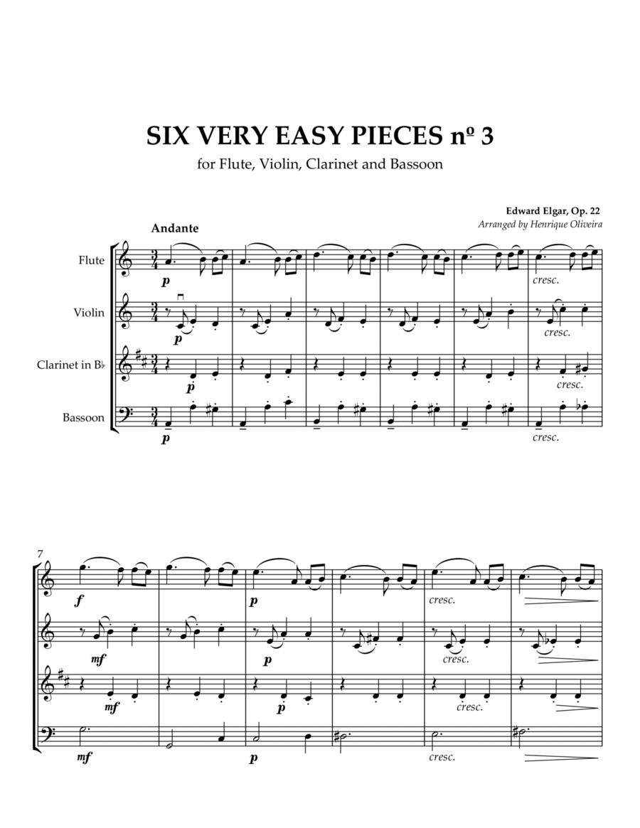 Six Very Easy Pieces nº 3 (Andante) - For Flute, Violin, Clarinet and Bassoon image number null