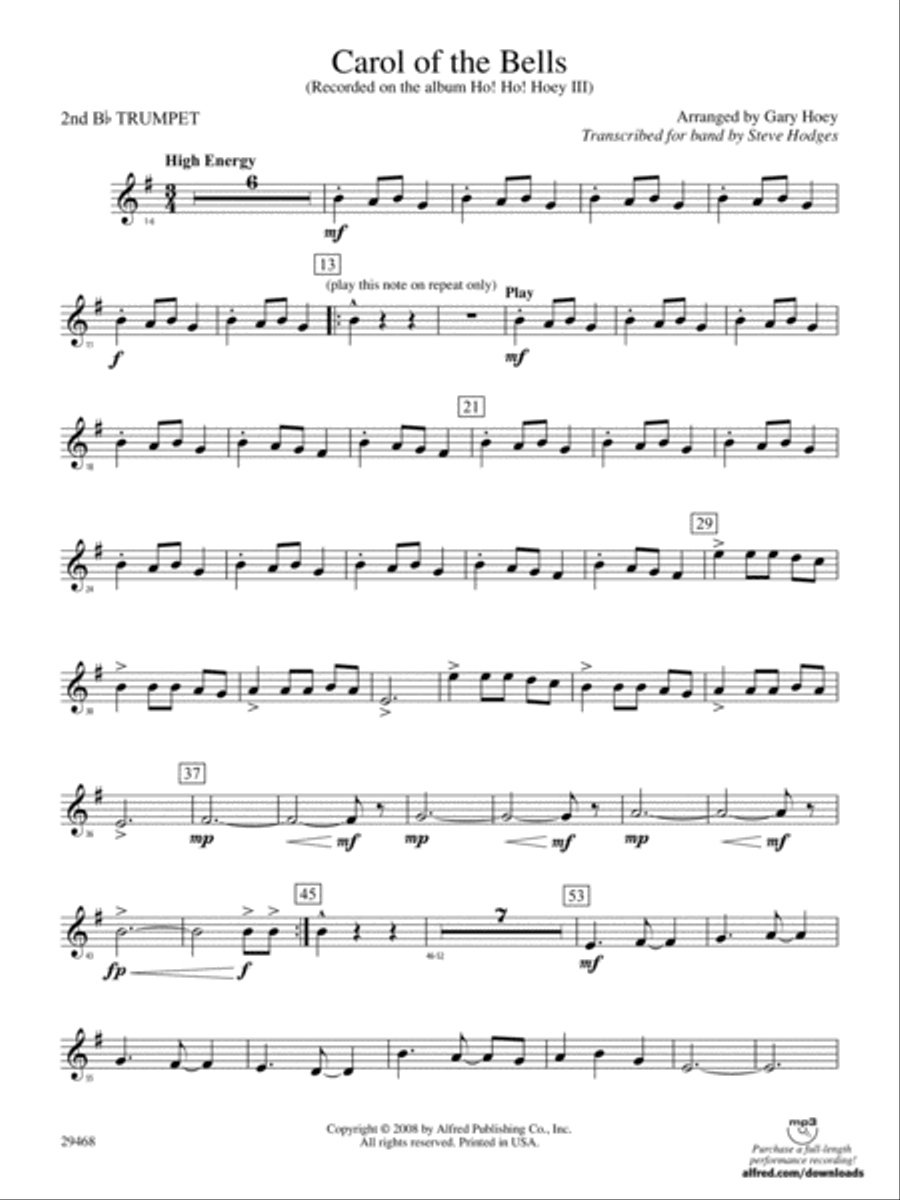 Carol of the Bells: 2nd B-flat Trumpet Concert Band scores gallery preview page 1
