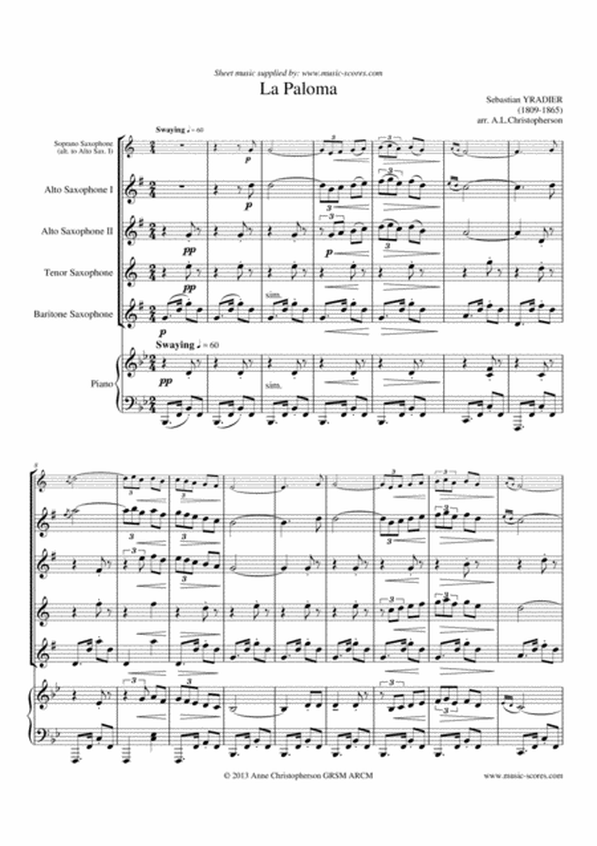 La Paloma - Soprano and Alto Saxes (or 2 Altos), Tenor Sax, Baritone Sax and Piano image number null