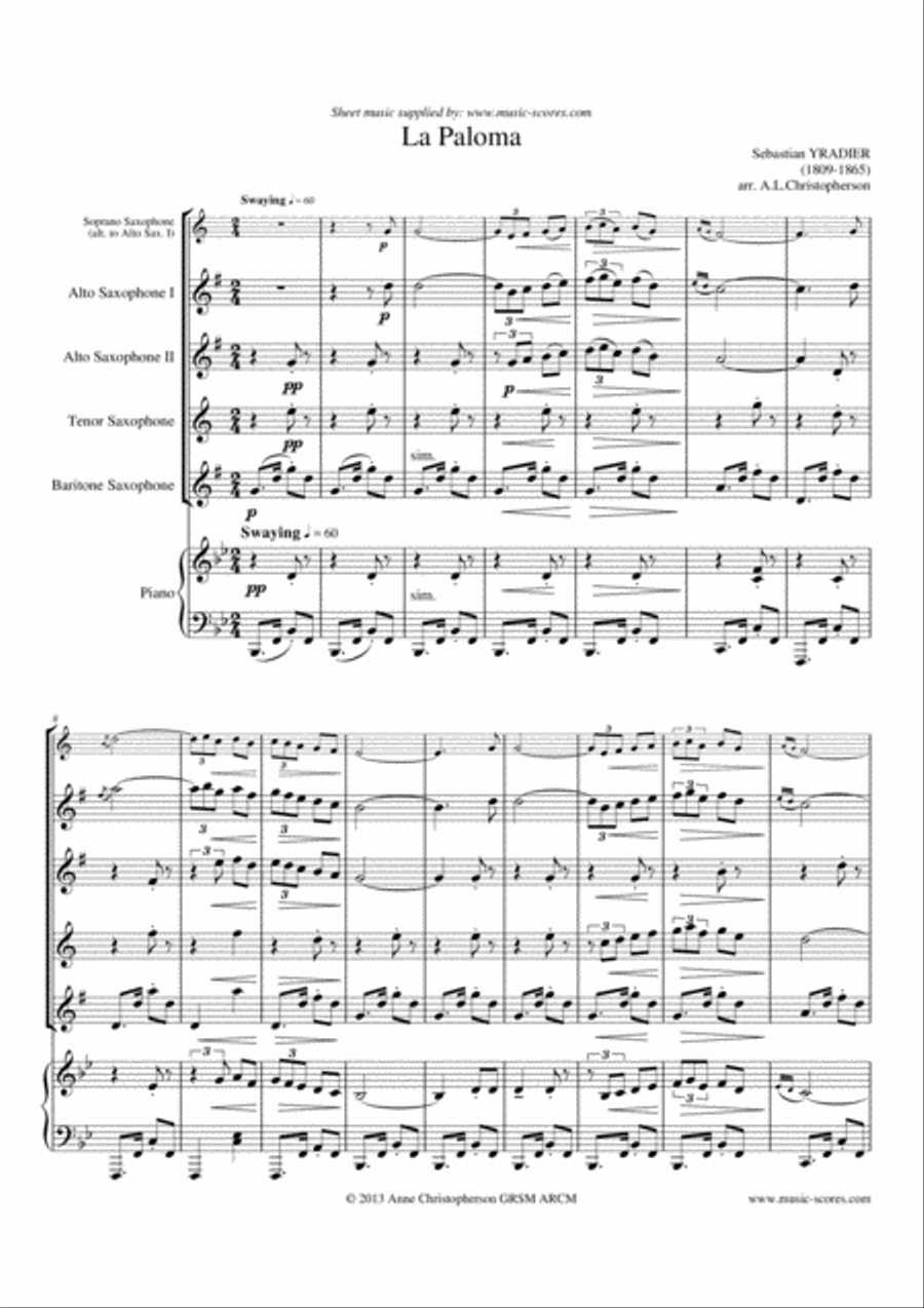 La Paloma - Soprano and Alto Saxes (or 2 Altos), Tenor Sax, Baritone Sax and Piano Woodwind Ensemble scores gallery preview page 1