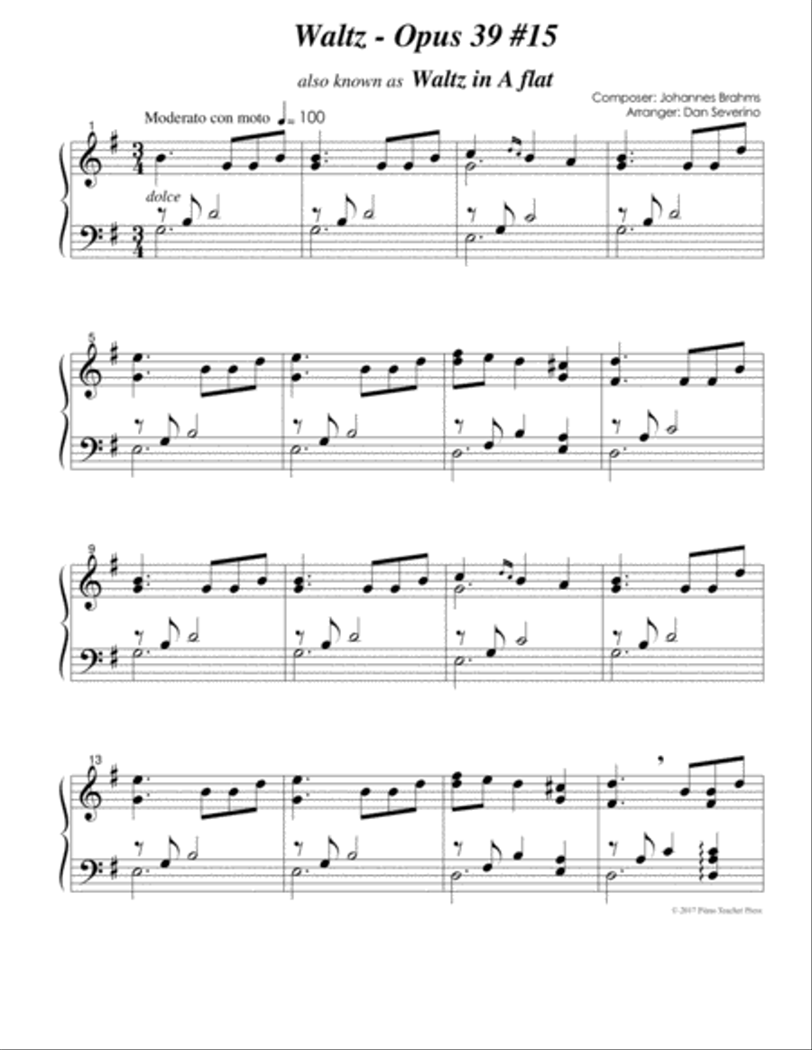 Brahms - Waltz in Ab (Opus 39 #15) Piano Method scores gallery preview page 2