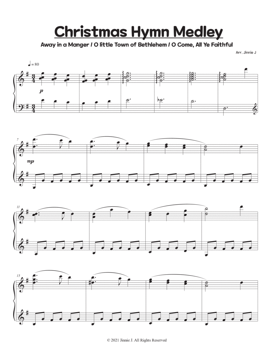 Christmas Hymn Medley - Away in a Manger, O Little Town of Bethlehem, O Come, All Ye Faithful Piano Solo scores gallery preview page 1