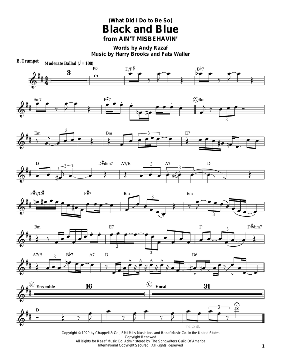 (What Did I Do To Be So) Black And Blue Trumpet scores gallery preview page 1