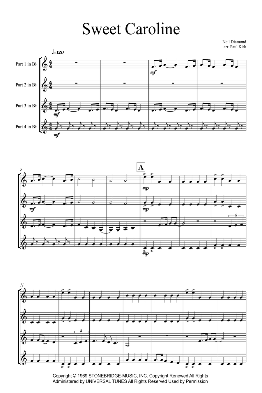 Sweet Caroline Brass Quartet scores gallery preview page 1