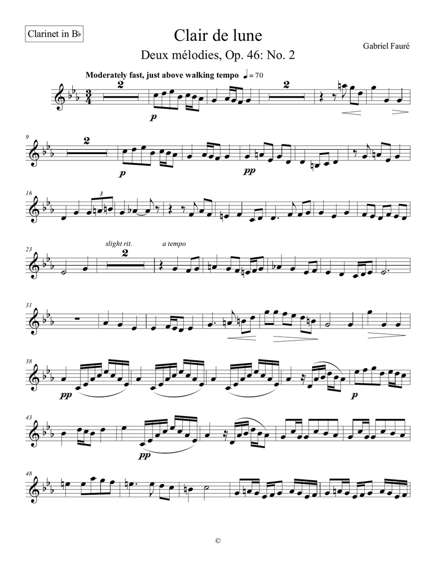 Clair de lune - Gabriel Fauré (Bb clarinet part for woodwind quintet)