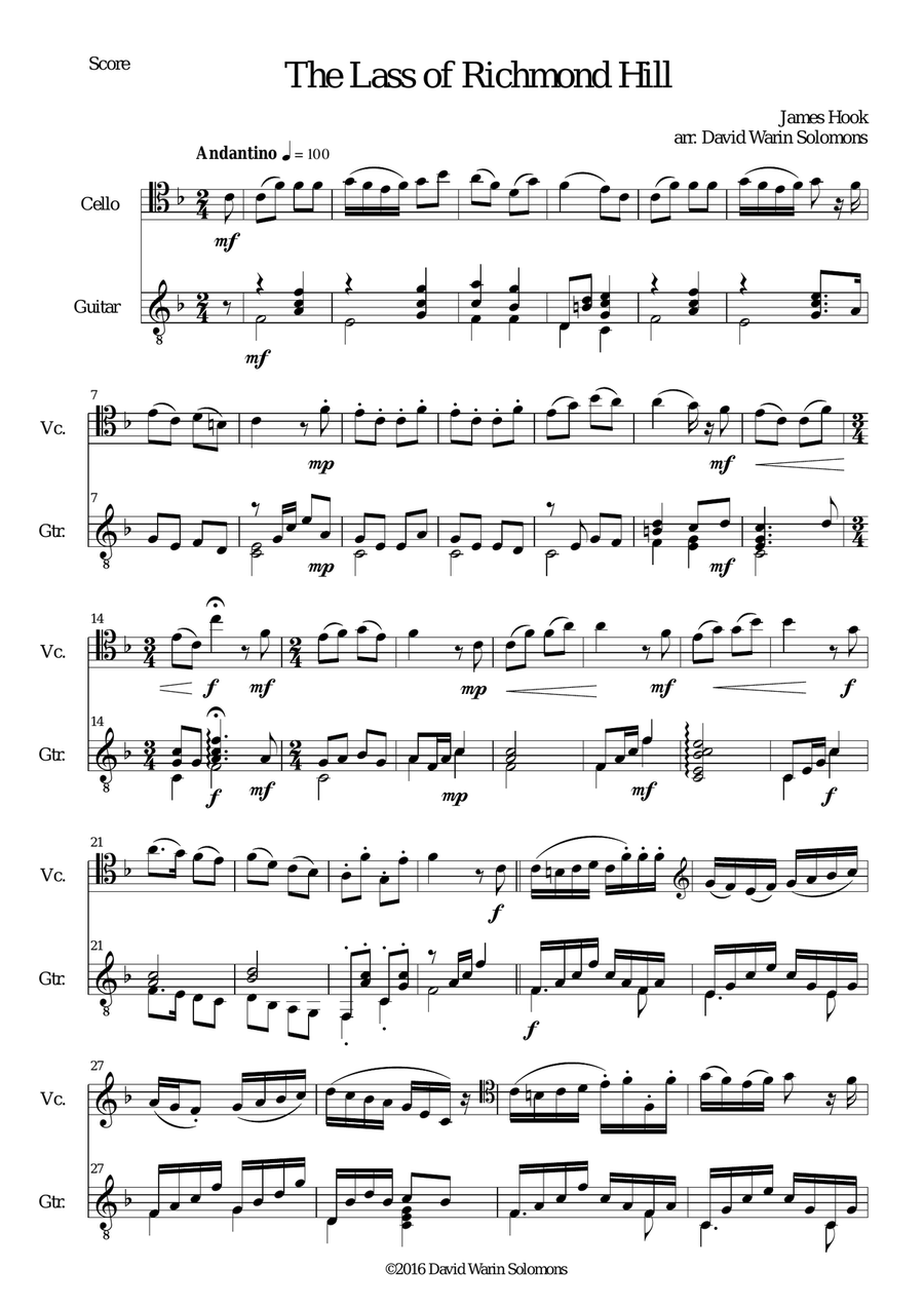 Lass of Richmond Hill for cello and guitar String Duet scores gallery preview page 1