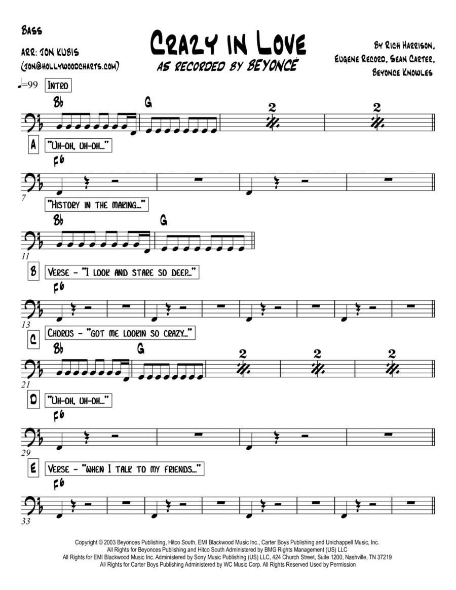 Crazy In Love Bass Guitar scores gallery preview page 1