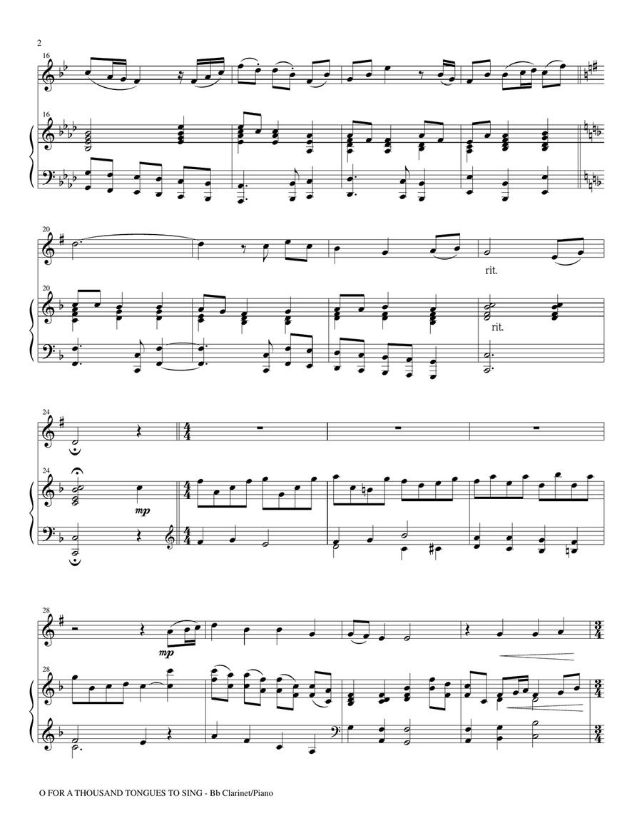 O FOR A THOUSAND TONGUES TO SING (Bb Clarinet Piano and Clar Part) B-Flat Clarinet scores gallery preview page 2