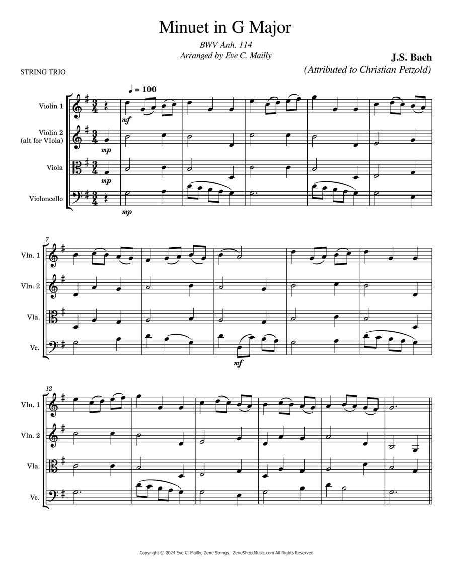 Minuet in G Major BWV anh.114 - J. S. Bach (String Trio) String Trio scores gallery preview page 1