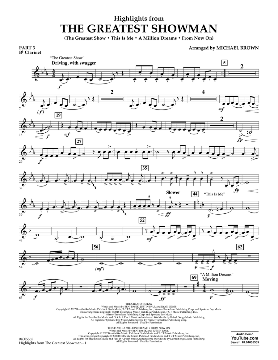 Highlights from The Greatest Showman - Pt.3 - Bb Clarinet Concert Band scores gallery preview page 1