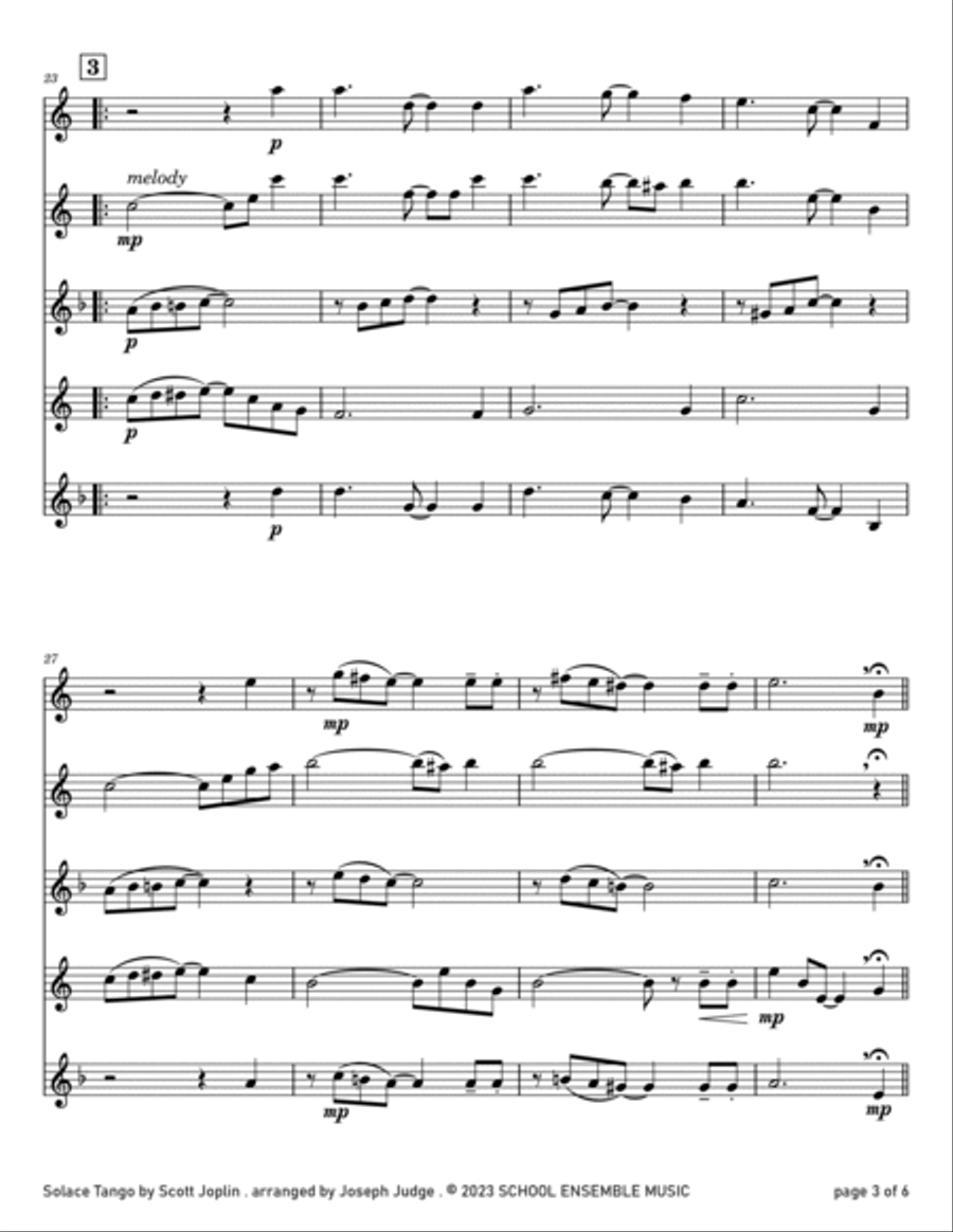 Solace Tango by Scott Joplin for Saxophone Quartet in Schools Saxophone Quartet scores gallery preview page 3
