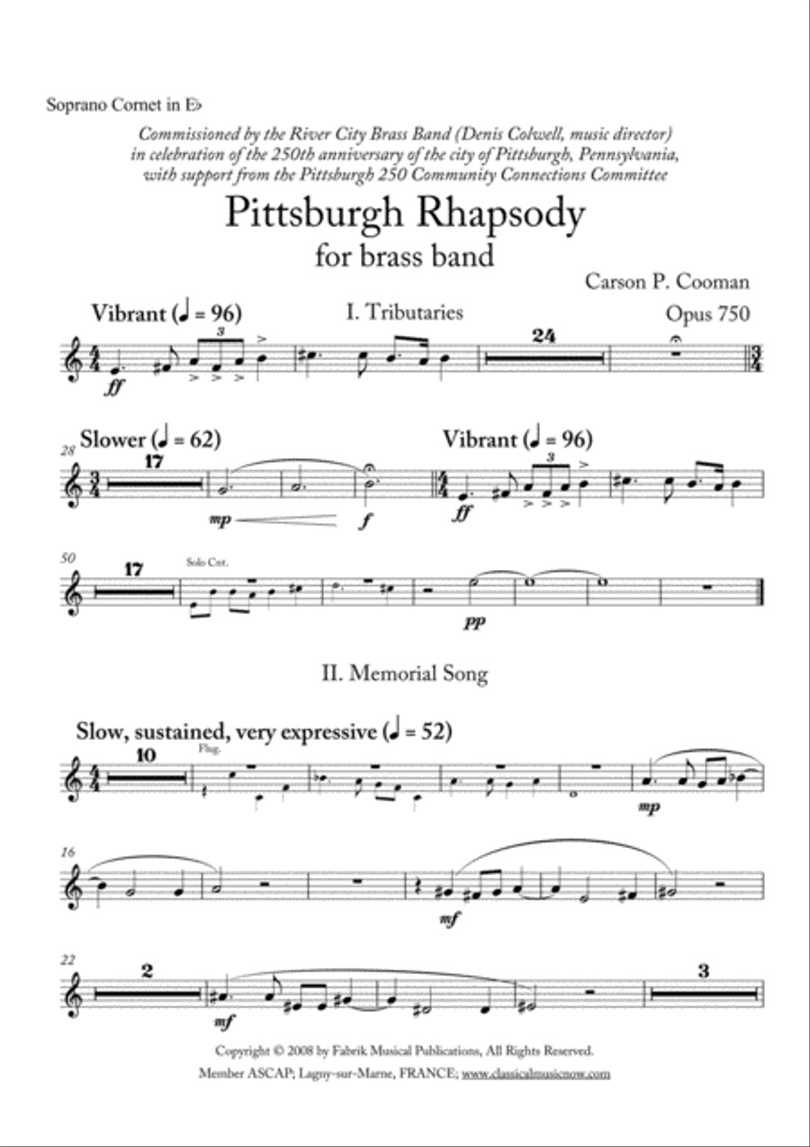 Carson Cooman: Pittsburgh Rhapsody (2008) for brass band, Eb soprano cornet part Brass Band scores gallery preview page 1