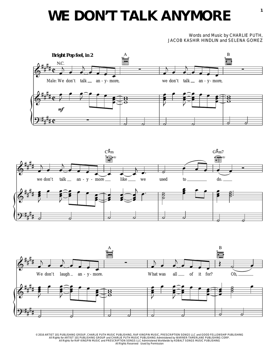 We Don't Talk Anymore Piano, Vocal, Guitar scores gallery preview page 1