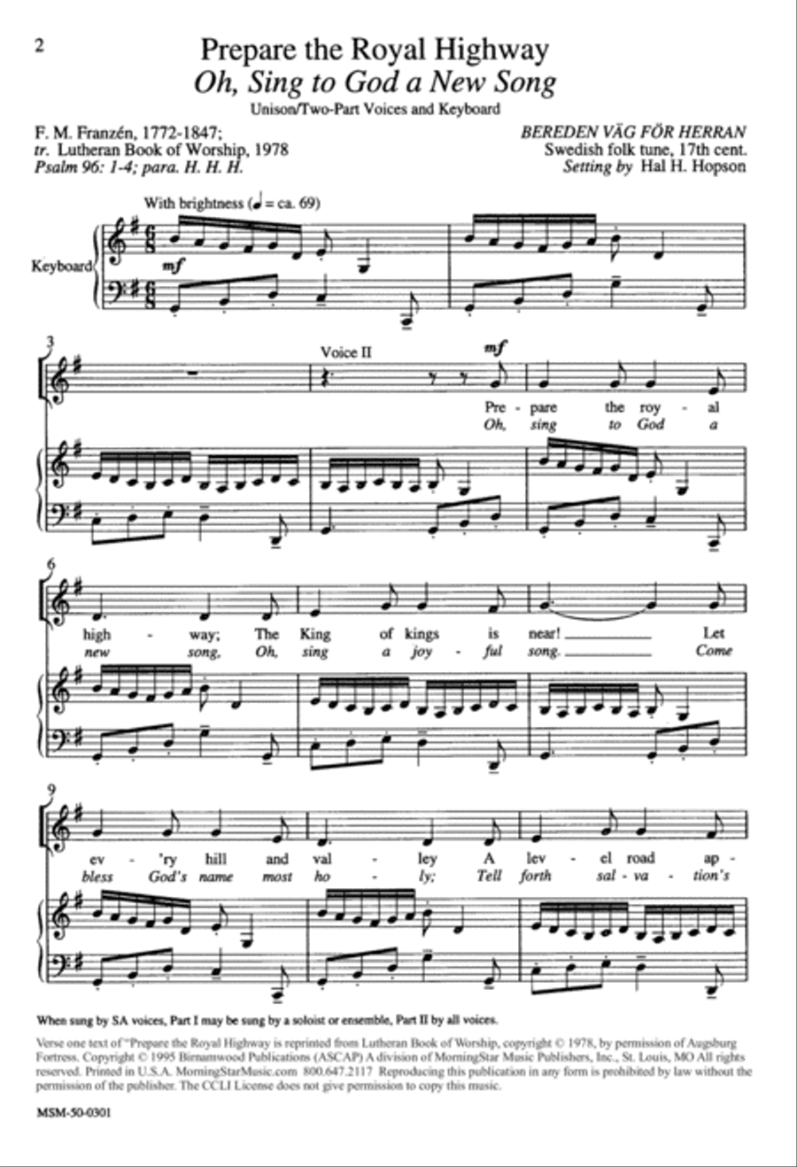 Prepare the Royal Highway Oh, Sing to God a New Song (alt. text) Unison Choir scores gallery preview page 1