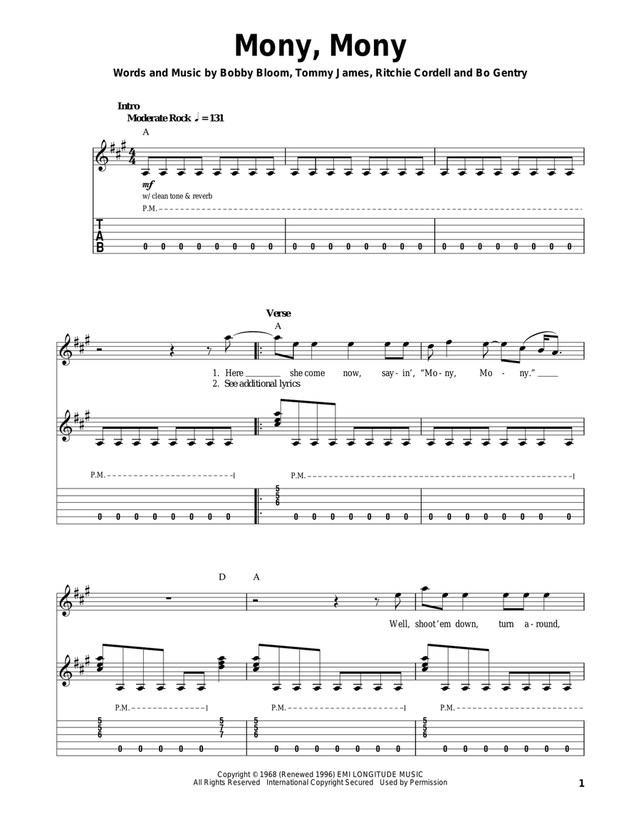 Mony, Mony Mony, Mony Acoustic Guitar scores gallery preview page 1