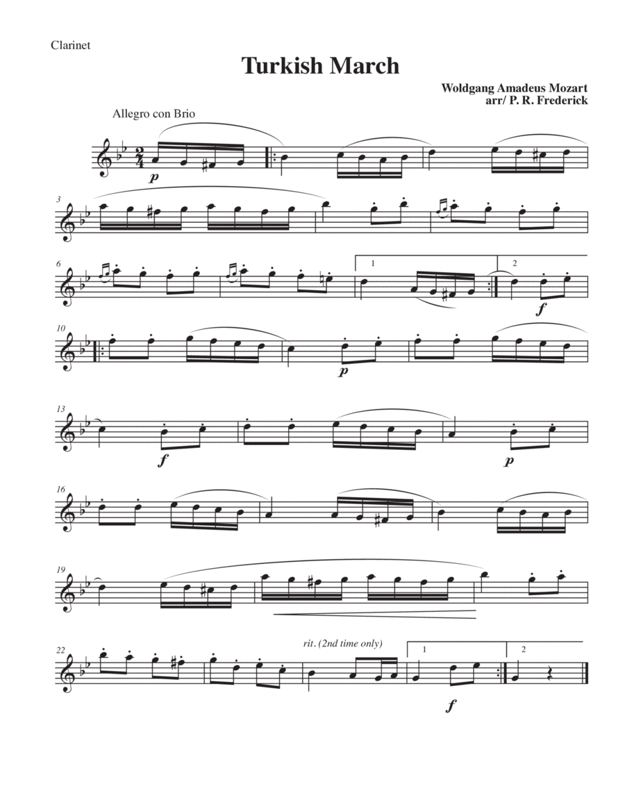Turkish March (Clarinet Solo) B-Flat Clarinet scores gallery preview page 1